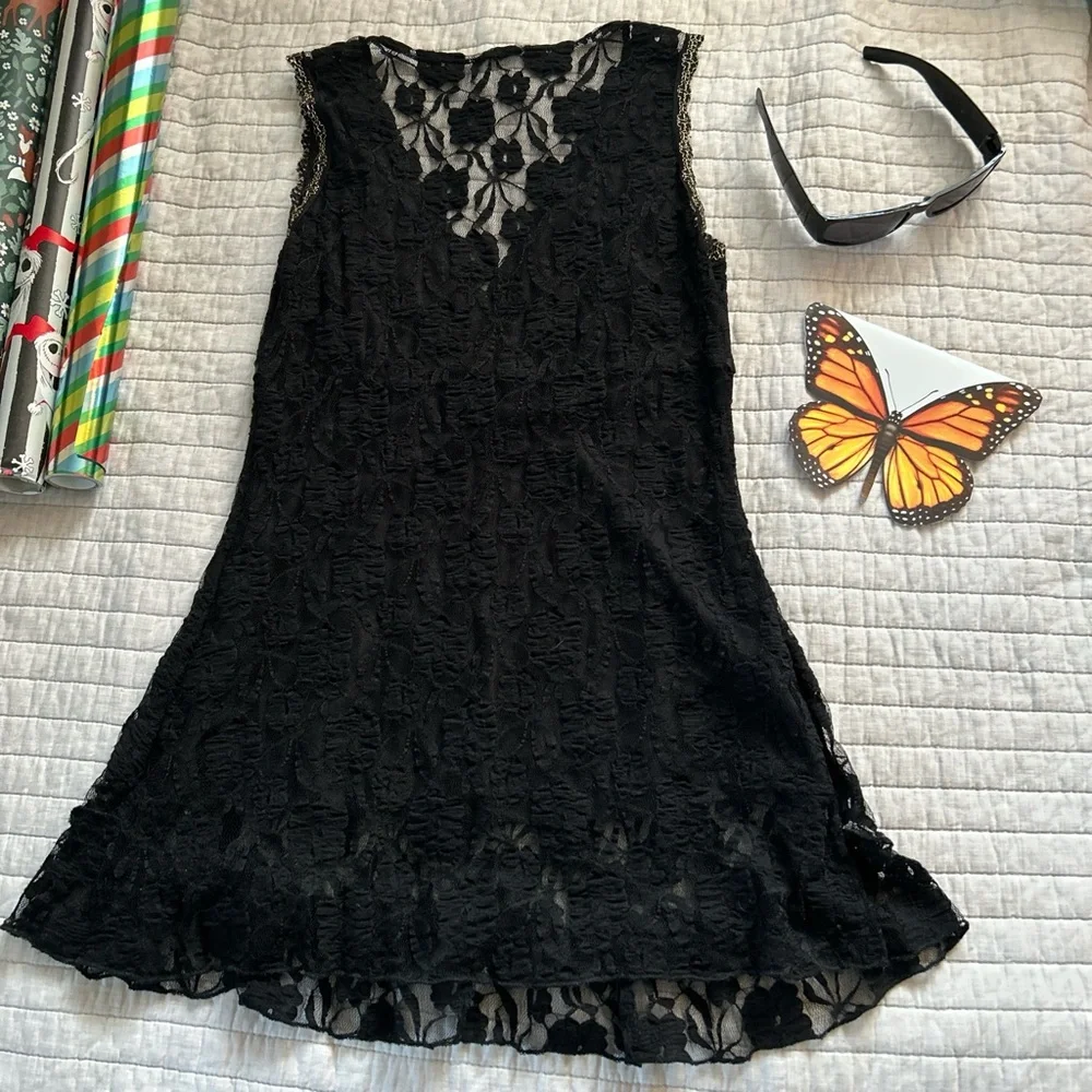 Sexy Y2K sheer floral lace bow ribbon babydoll mini dress lingerie small